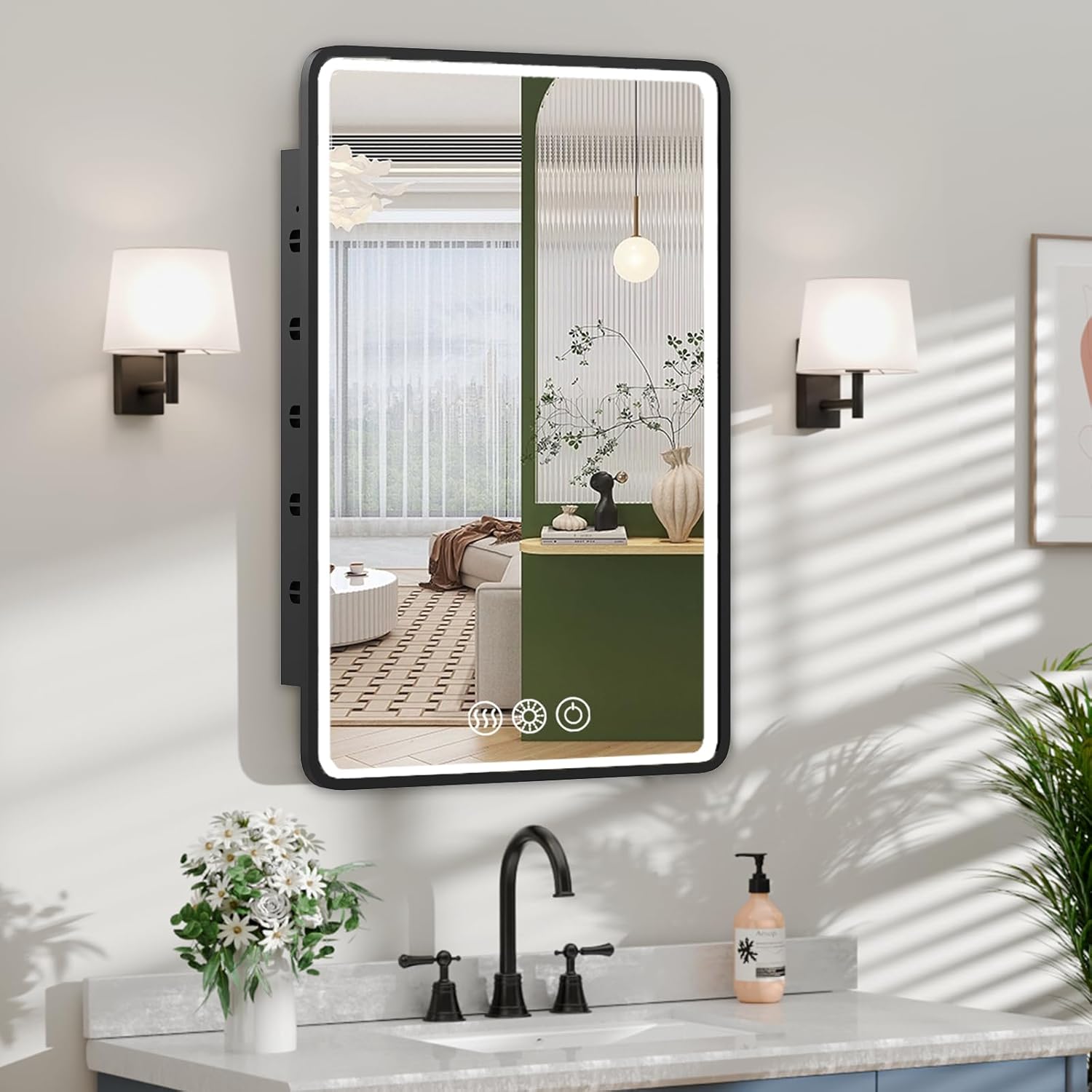 LED Medicine Cabinet Mirror for Bathroom 16x24 Inch, Recessed Medicine Cabinets with Lights, Anti-Fog Bathroom Mirror with Storage, Black Metal Frame, Adjustable Shelves, 3 Color Dimming