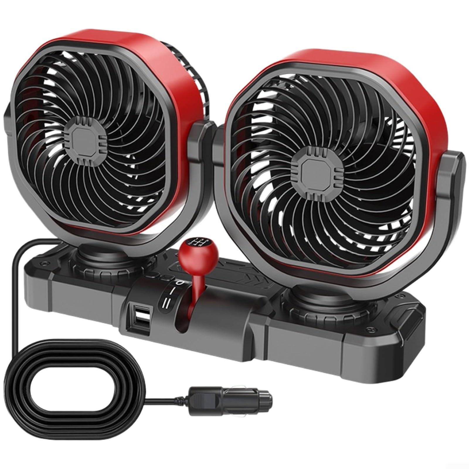 Ventilador de coche de doble cabezal 12 V 24 V con función giratoria automática y puerto USB, funcionamiento silencioso para camiones, coches, camping, gris (B)
