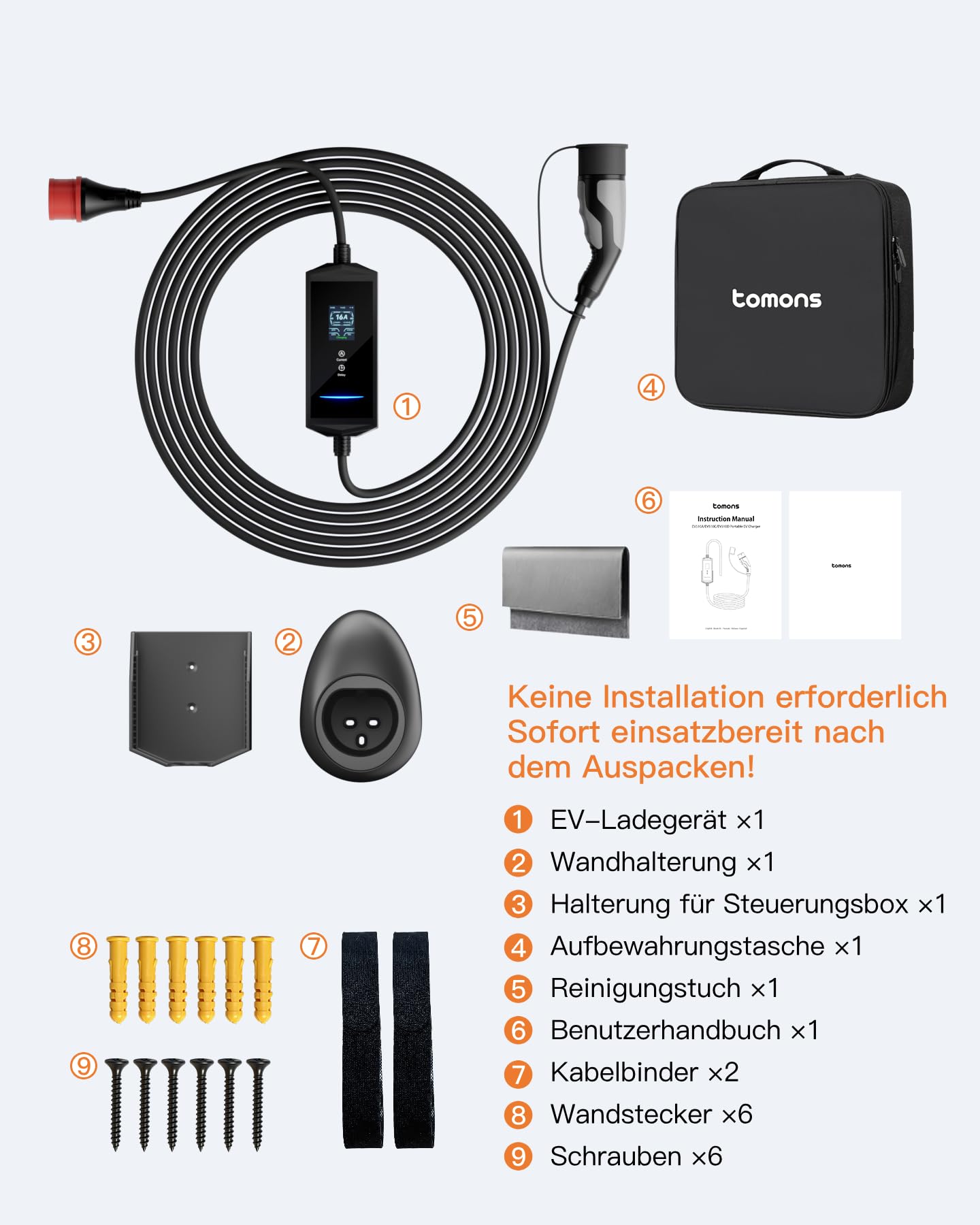 tomons Elektryczna ładowarka samochodowa APP 11 kW, 7 m 6-16A, typ 2 trójfazowa CEE z uchwytem ściennym, LCD 2,4", opóźnione ładowanie, kompatybilna z Tesla Model 3/Y, Volkswagen ID. & VE IEC 62196-2