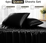 Sasttie Satin Sheets Queen - 4 Pieces Luxury Soft Black Silky Bed Sheets Set with Pillowcases - Smooth Silk-Like Drap Satin Fabric, Reinforced 14 Inches Pocket, Oeko-Tex Certified