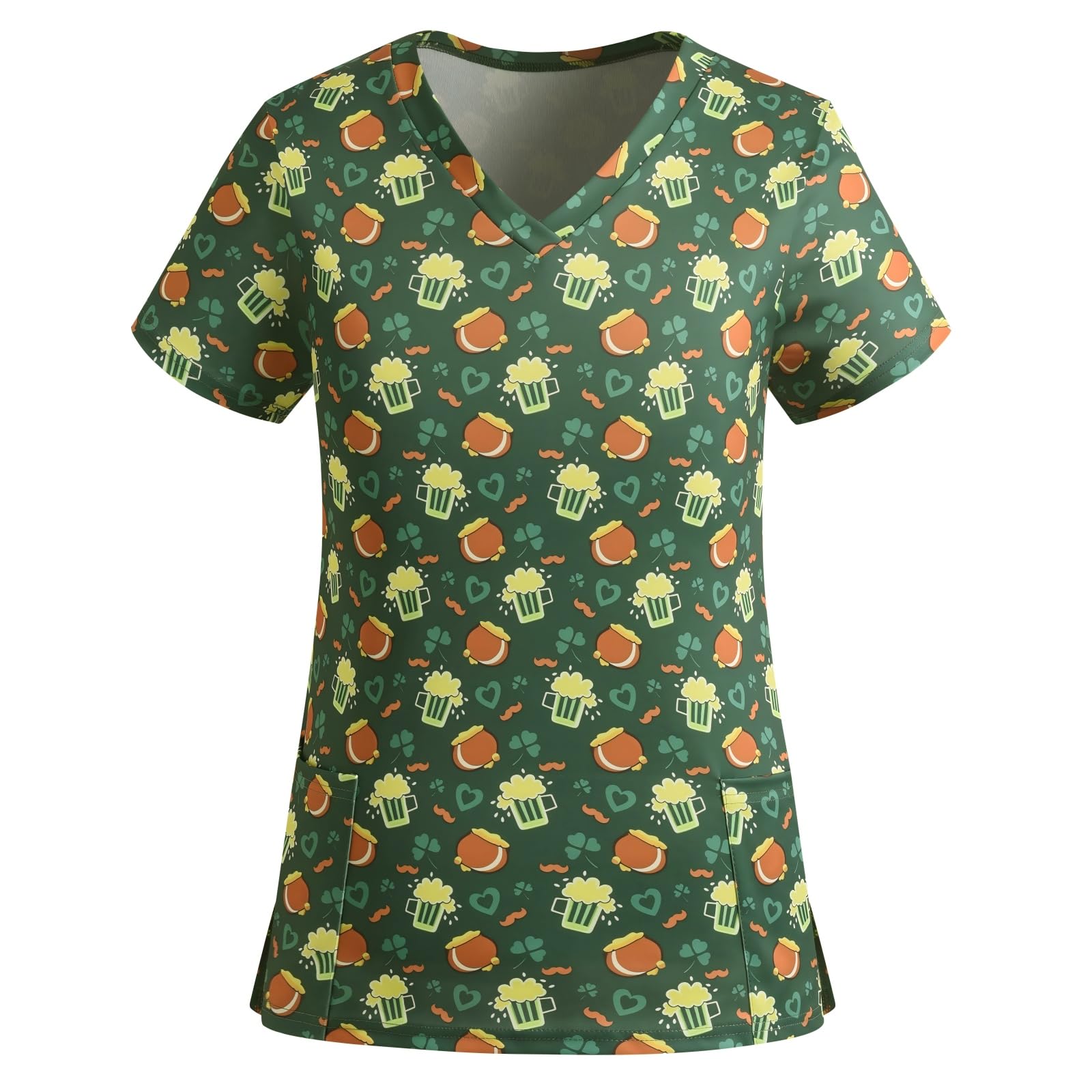 St Patricks Day Scrub Tops for Women Stretch Vneck Shamrock Clover Printed Nurse 2 Pockets Holiday Working Uniforms