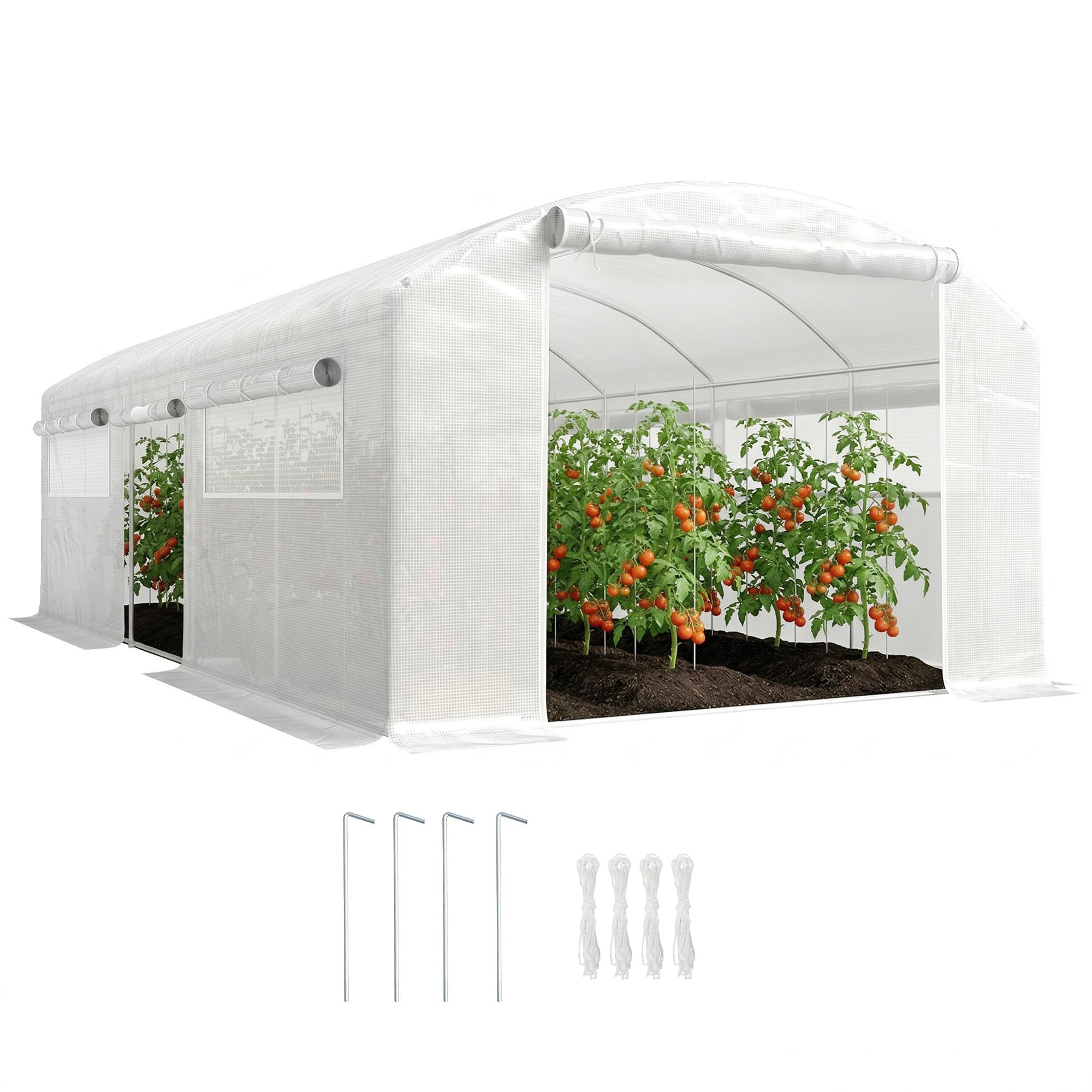 Outsunny Serre d'extérieur 6 x 3 x 2 m, Serre Tunnel avec 3 Portes enroulables, fenêtres en Filet, Couverture PE 140 g/m² Anti-UV et Cadre en Acier galvanisé, pour Cultures, Plantes, Blanc