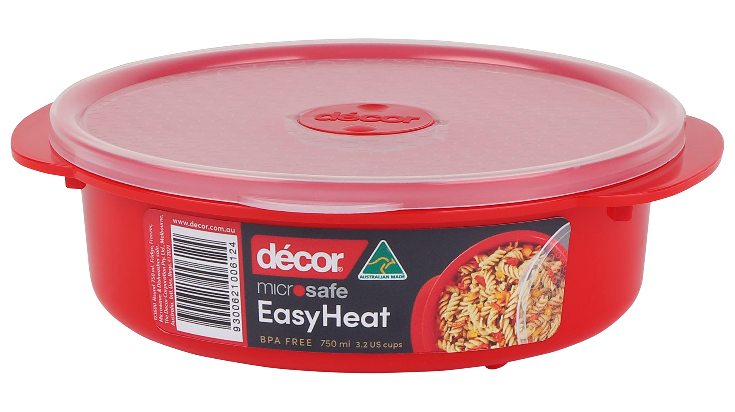 Décor Microsafe 750ML Microwavable round food container Microwave, freezer, dishwasher safe and BPA Free with air release vent and handles Master microwave cooking and reheating with Microsafe. Red
