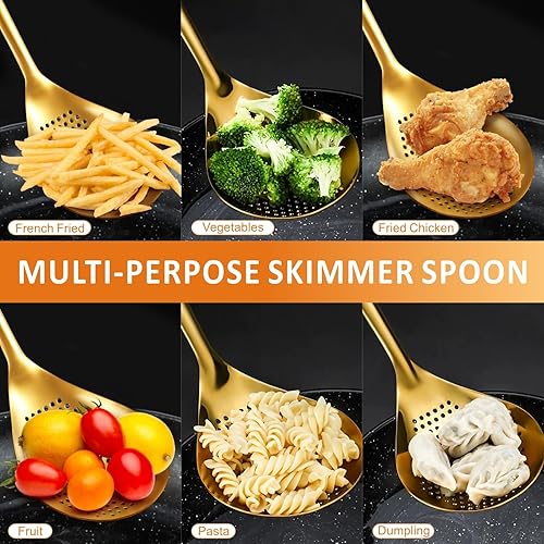 Vista 3 de Cuchara ranurada grande dorada para servir, juego de acero inoxidable 304, cuchara de sopa de acero inoxidable, cucharón de salsa de metal, cuchara