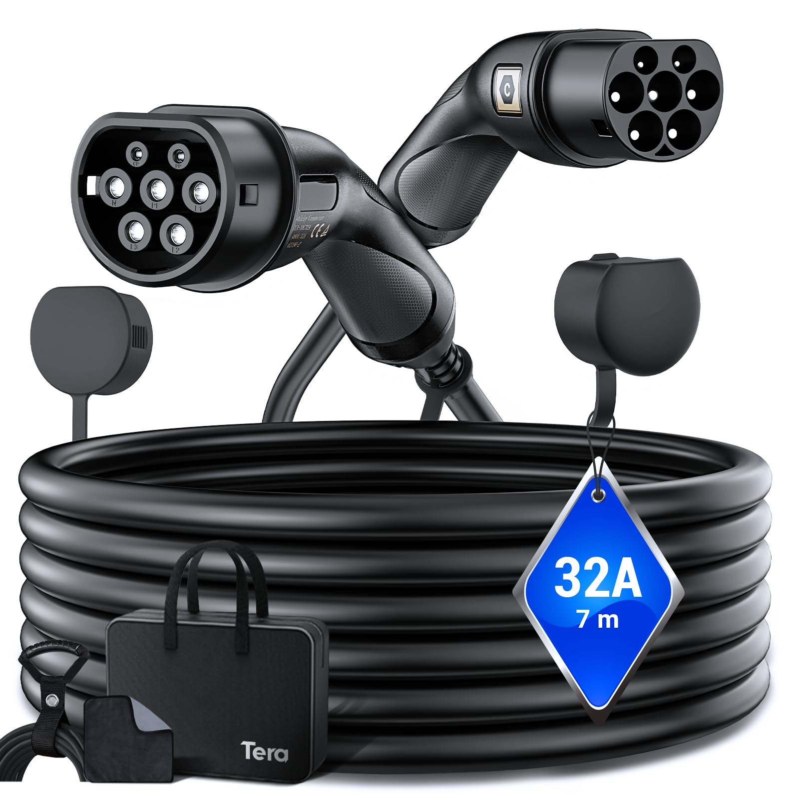 Tera EV Ladekabel Typ 2: 22KW 32A 7Meter 3-Phasen Typ 2 zu Typ 2 Mennekes IP55 Schnellladen Ladekabel Elektroauto Typ 2 für E-Auto EV/PHEV Deutsche Bedienungsanleitung DC-32A-7 Schwarz