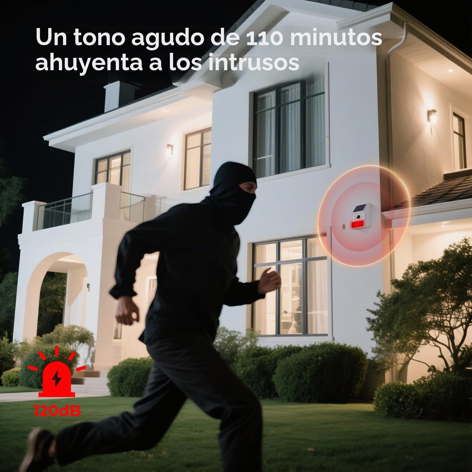 Sirena inteligente inalámbrica para exteriores con detector de movimiento de panel solar, paquete de 2 unidades, alarma fuerte y estroboscópico intermitente, control de romano, fácil de instalar