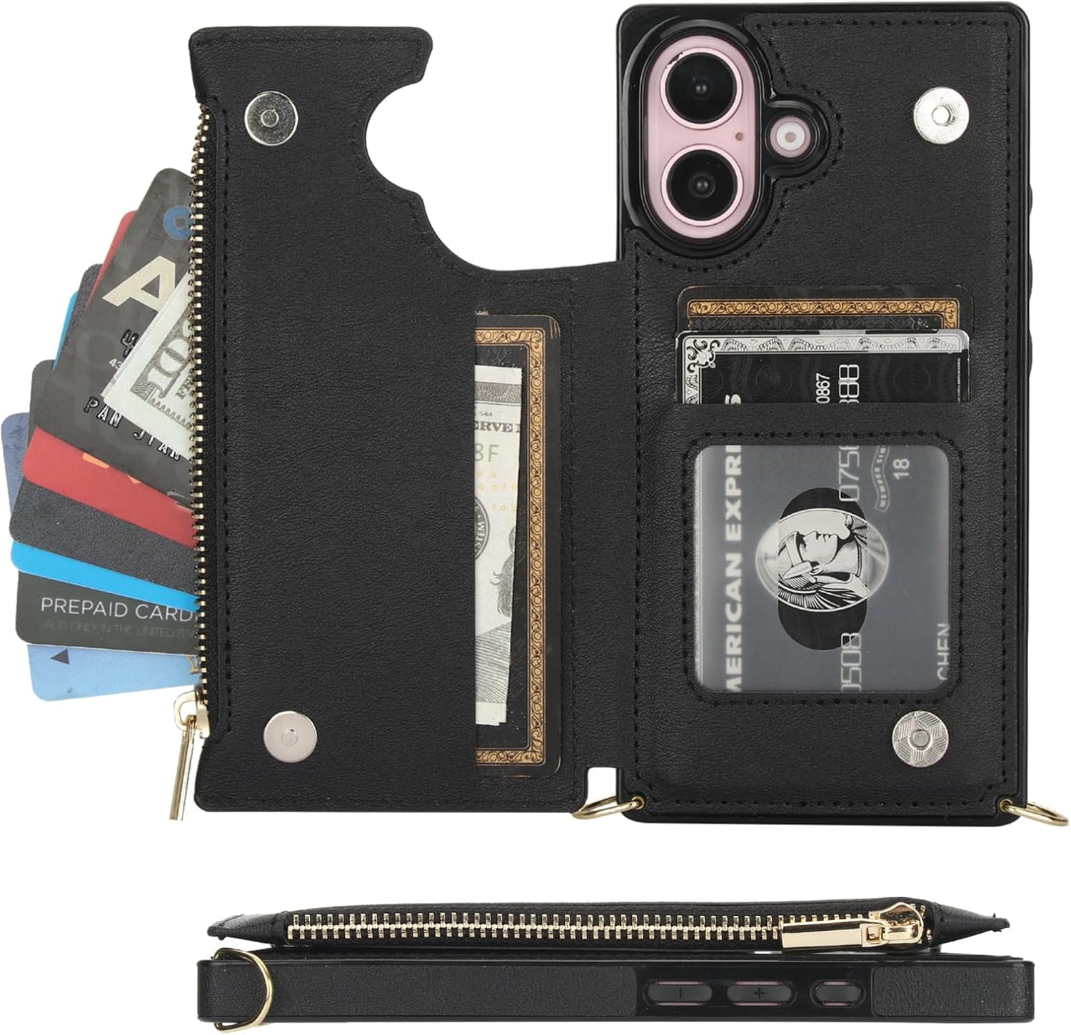 Bocasal Crossbody Wallet Case for iPhone 16 with RFID Blocking Card Slot Holder, Magnetic Flip Folio Purse Case, PU Leather Zipper Handbag with Detachable Lanyard Strap 6.1 Inch 5G (Black) - Image 7