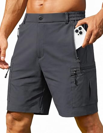 COOFANDY Mens Hiking Cargo Shorts 9" Lightweight Short with Zipper Pockets | 5 Zipper Pockets, Lightweight Quick Dry, Breathable Stretch Fabric, Hiking Camping Climbing Work, Elastic Waist Spring Summer