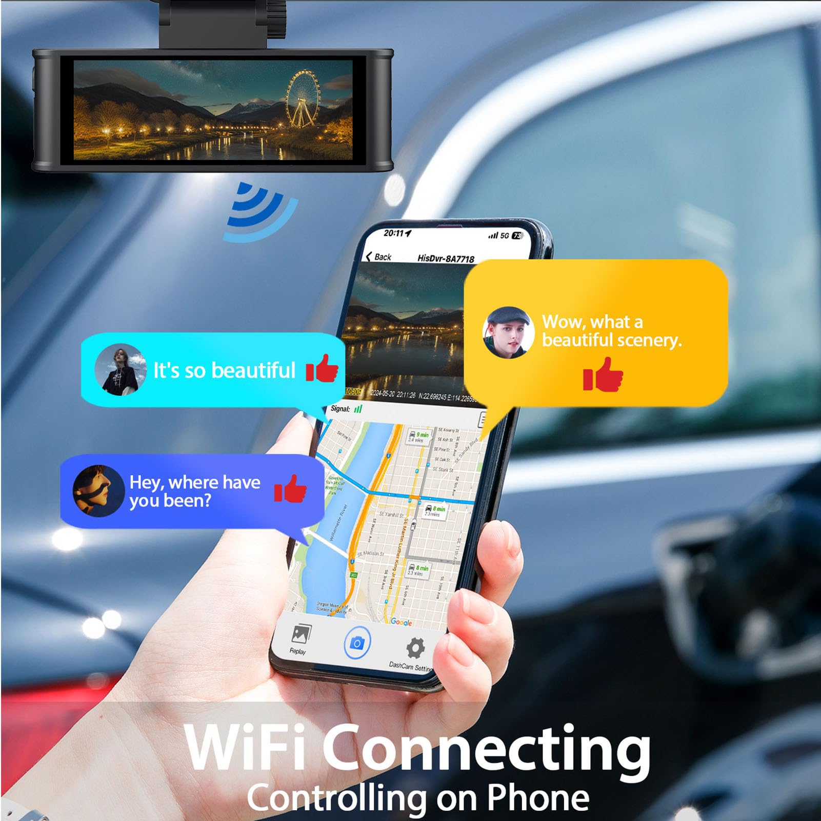 Zunate Kamera na Desce Rozdzielczej, Ekran 3,18 Cala, Podwójny Tylny Aparat 4K Front 1080p, Rejestracja Pętli o Szerokości 170 Stopni, 5G WiFi, Kontrola Aplikacji, GPS, 24 -godzinny