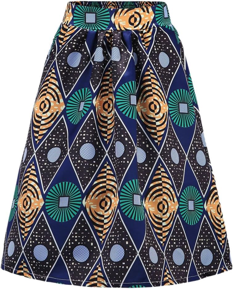 Afibi Womens African Print Skirt Boho Flare Pleated Midi Skirt with Pockets - Image 2