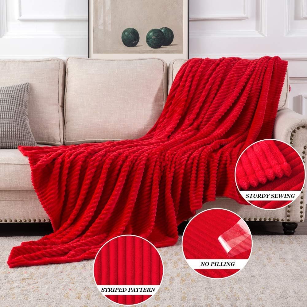 MIULEE Red Fleece Throw Blanket for Couch 300GSM Super Soft Lightweight Plush Striped Blanket, Christmas Warm Cozy Breathable Ribbed Flannel Throws for Bed/Sofa, 50"x60" - Image 5