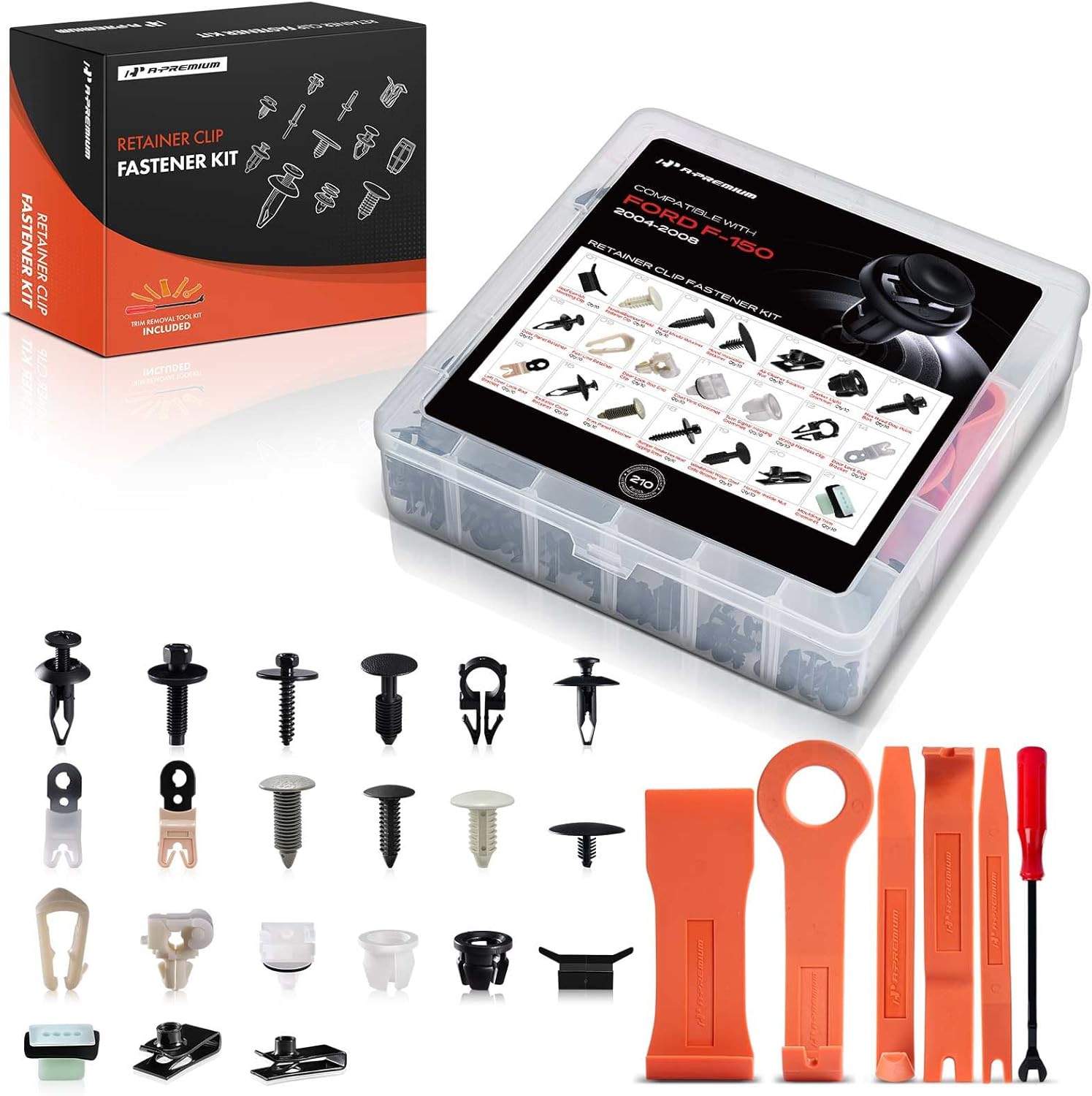 A-Premium 210PCS (55.68 oz/21 Sizes) Bumper Retainer Clips w/Removal Tool Compatible with Ford F-150 F150 2004-2008 Fender Fasteners Assortment Grille Mud Shield Clips Door Trim Push Pin Rivets Set