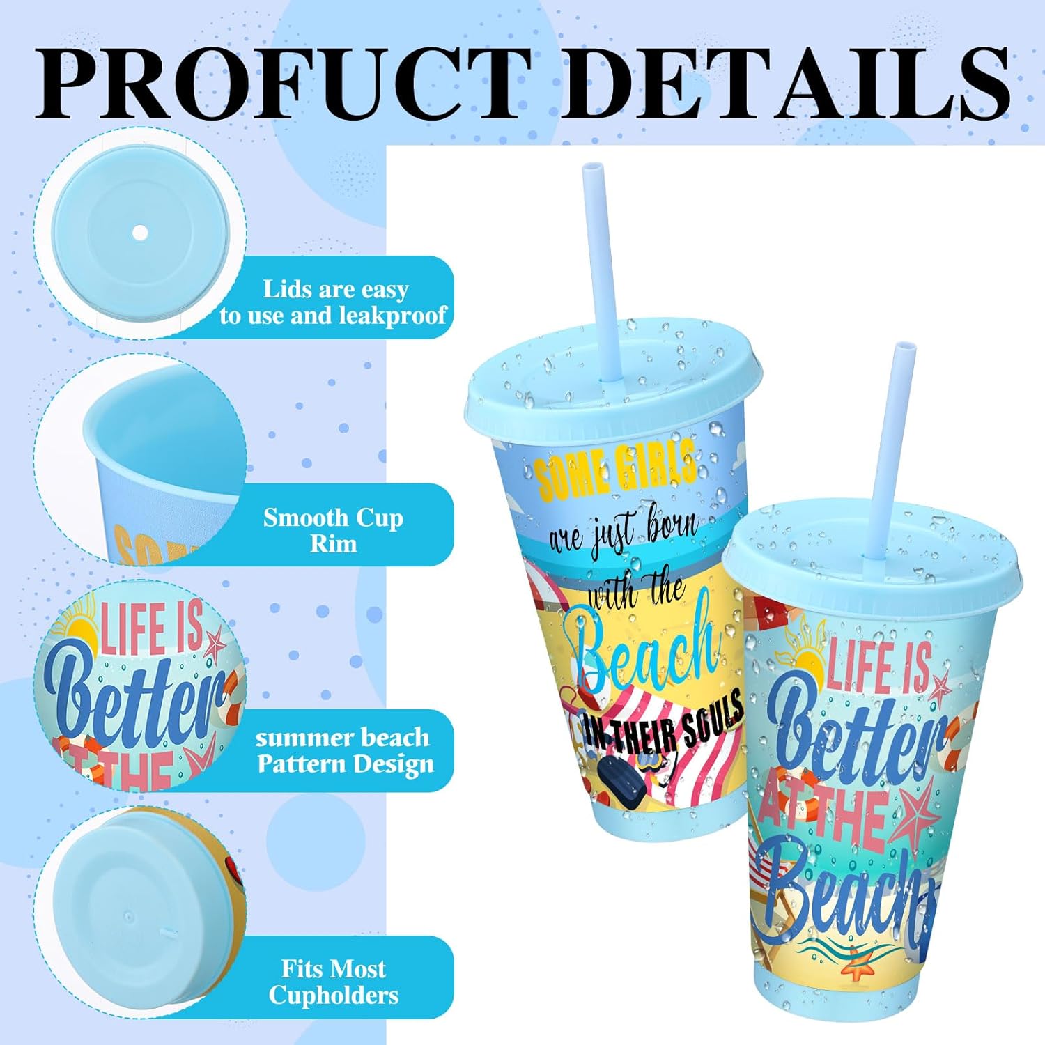 Domensi 6 Pcs Summer Beach Plastic Tumbler with Straw and Lid, 24 oz Reusable Summer Cups Bulk Hawaiian Party Travel Mug Cup for Hawaiian Luau Beach Party Drinking Supplies - Image 3