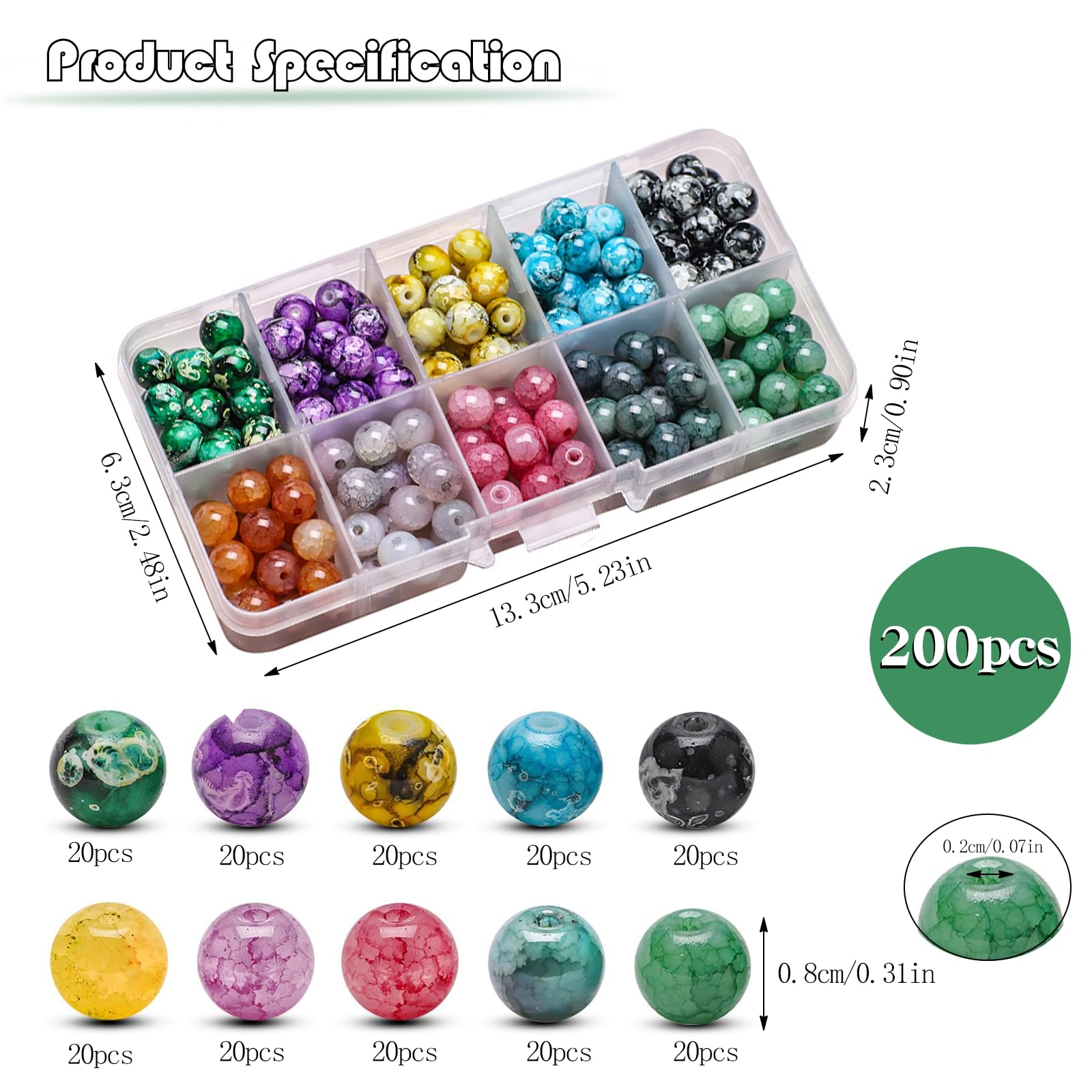 Lot de 200 perles en verre craquelé naturel - 8 mm - Perles rondes colorées - Pour la fabrication de bijoux et la décoration artisanale - Série bleu lac avec dégradé de