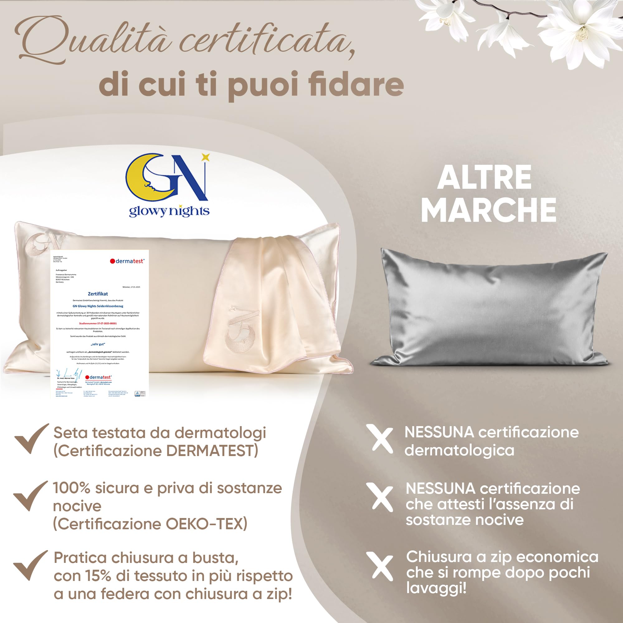 Federa Seta Cuscino 50x80 6A, 22 momme | Certificata da Dermatologi per Pelle e Capelli | Federa in seta per capelli | Benefici concreti per pelle e capelli (Light Champagne - bordo Azzurro)