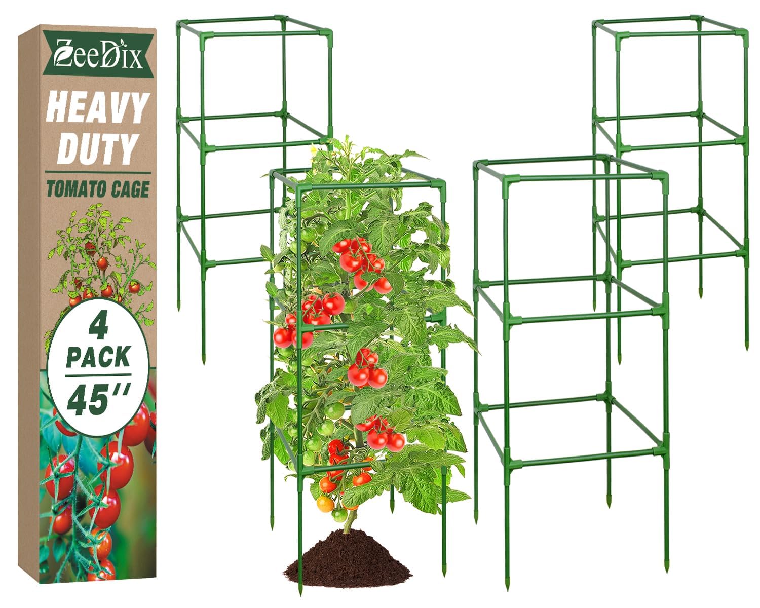 ZeeDix Paquete de 4 jaulas de tomate para soporte de plantas de jardín, 45 pulgadas, cuadradas, ajustables, estacas de metal para plantas trepadoras, verduras, flores con 40 clips
