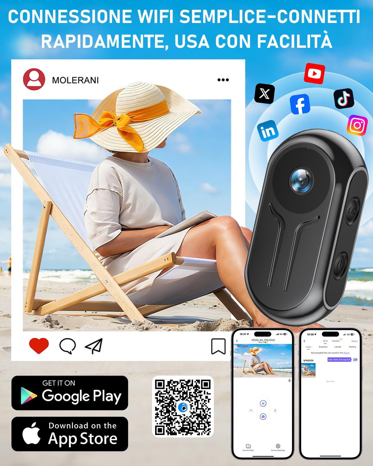 Action Cam con WiFi 2K Ultra-HD, Mini Body Cam con Registrazione, Telecamera Moto con Grandangolo da 120° con schermo, Videoregistratore indossabile a mani libere per Vlog Bicicletta