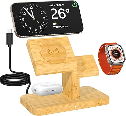Estación de carga inalámbrica para dispositivos Apple, soporte de cargador de bambú 3 en 1, cargador inalámbrico magnético rápido de 20 W para