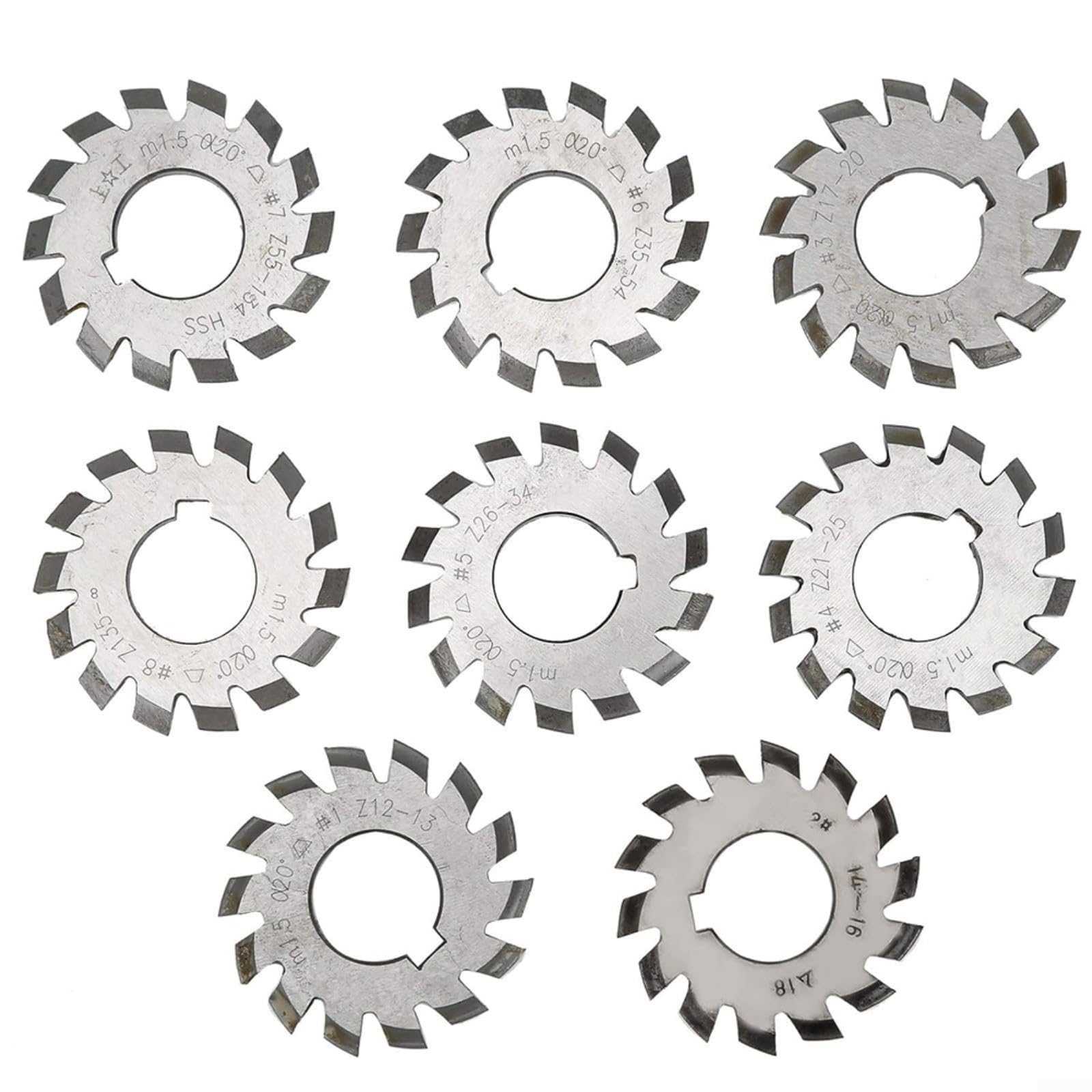 8 Stück HSS Involute Zahnradfräser Modul 1,5 mit 20° Druckwinkel und 22mm Bohrung #1-8 für Kegelradfräsen in Industriemaschinen