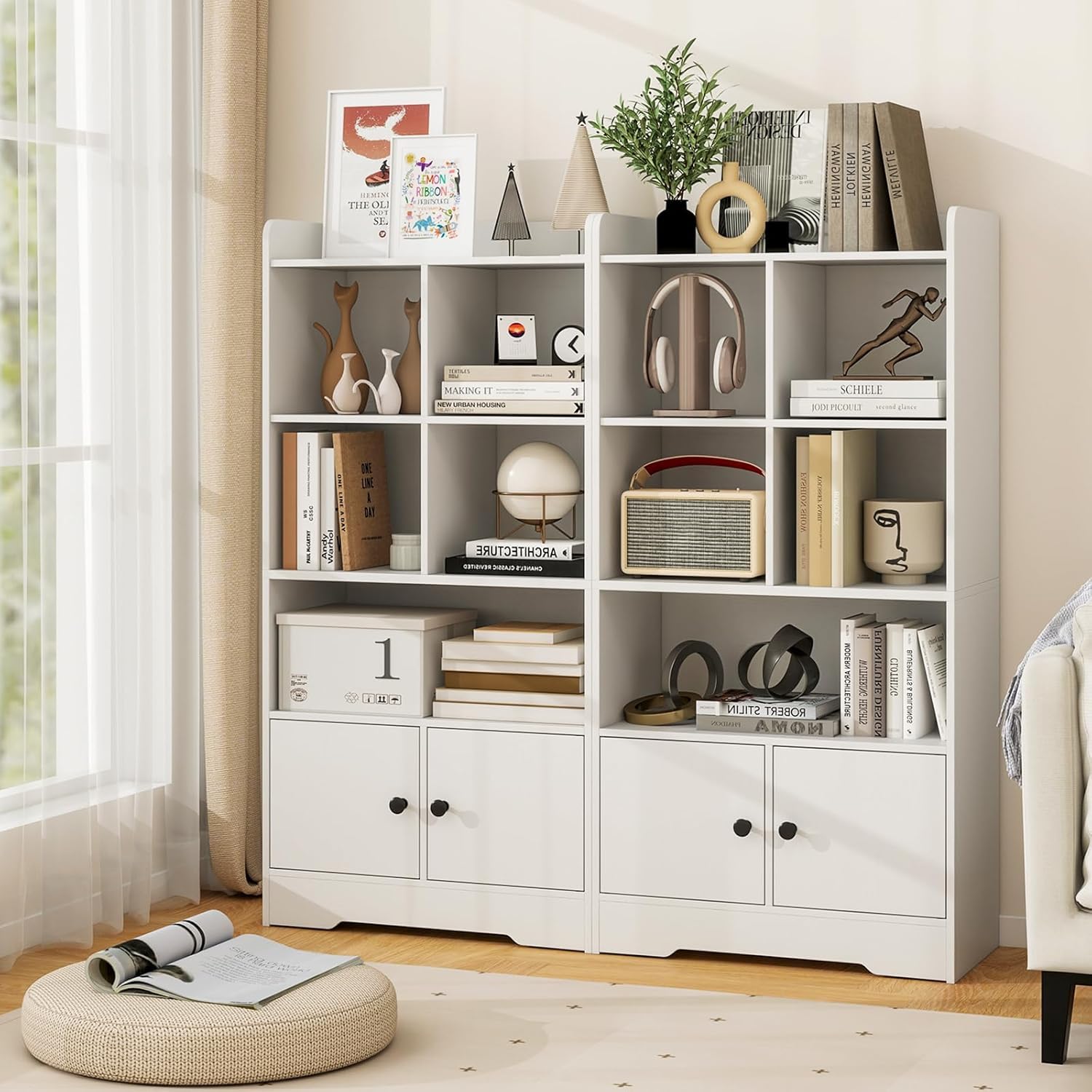 GIANTEX Librería de Madera con 5 Compartimentos Abiertos y 2 Puertas, Estantería de Libros con Kit Antivuelco, 60 x 29,5 x 120 cm, Armario de Almacenamiento para Salón, Dormitorio y Estudio
