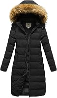 CREATMOUS Women's Long Faux Fur Puffer Jacket Winter Warm Coat Detachable Hood Slim Fit Windproof
