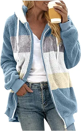 Fuzzy Fleece Jackets for Women Plus Size Hoodies Fall Winter Coats Color Block Patchwork Cardigan Coat with Pockets