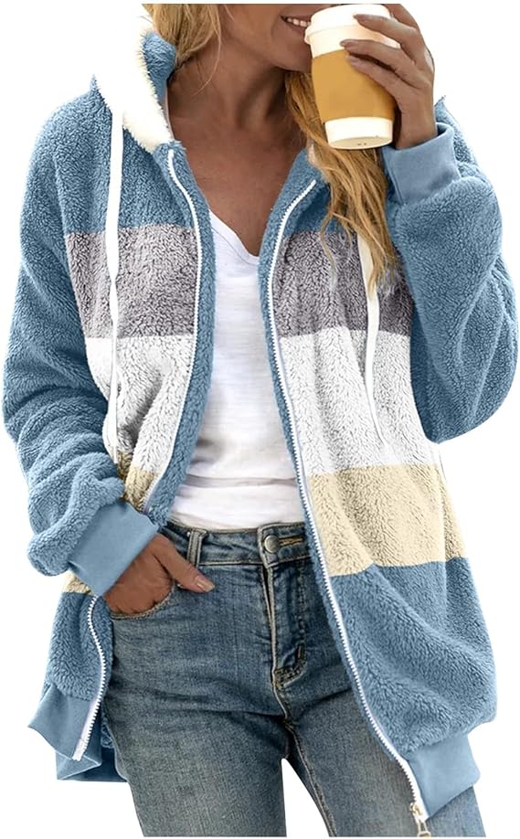 Fuzzy Fleece Jackets for Women Plus Size Hoodies Fall Winter Coats Color Block Patchwork Cardigan Coat with Pockets