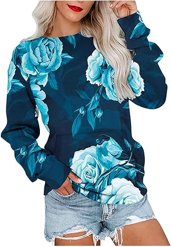 Sudadera con estampado floral para mujer, con bolsillo frontal, cuello redondo, manga larga, casual, vintage, para salir