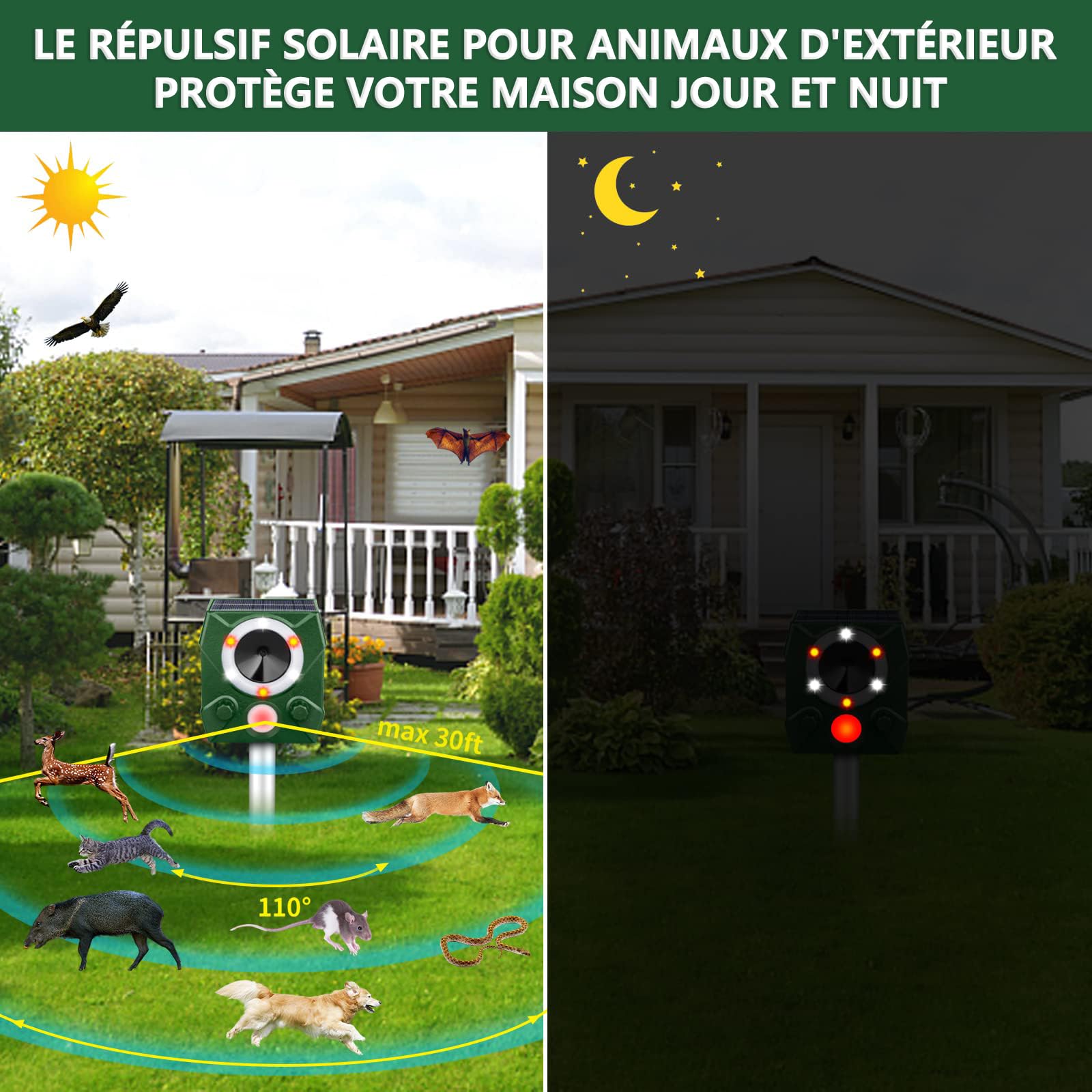Répulsif Animaux Solaire, Repulsif Chat Exterieur, Ultrason Oiseau, Répulsif Souris, Ultrason Charge Solaire, Chargement USB, Jardin pour Cours, Fermes, Champs (Vert)