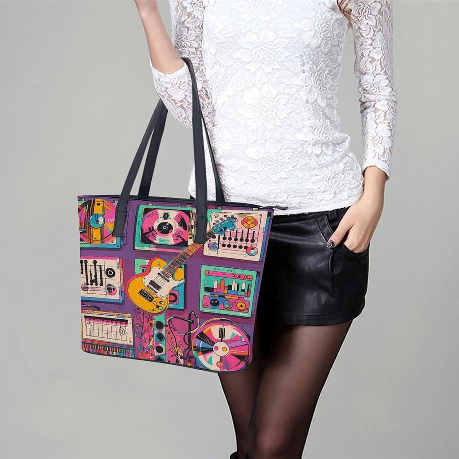 Music Theme Guitar Tote Bag Large Soft Leather Purse with Zipper Lightweight Ladies Shoulder Handbag