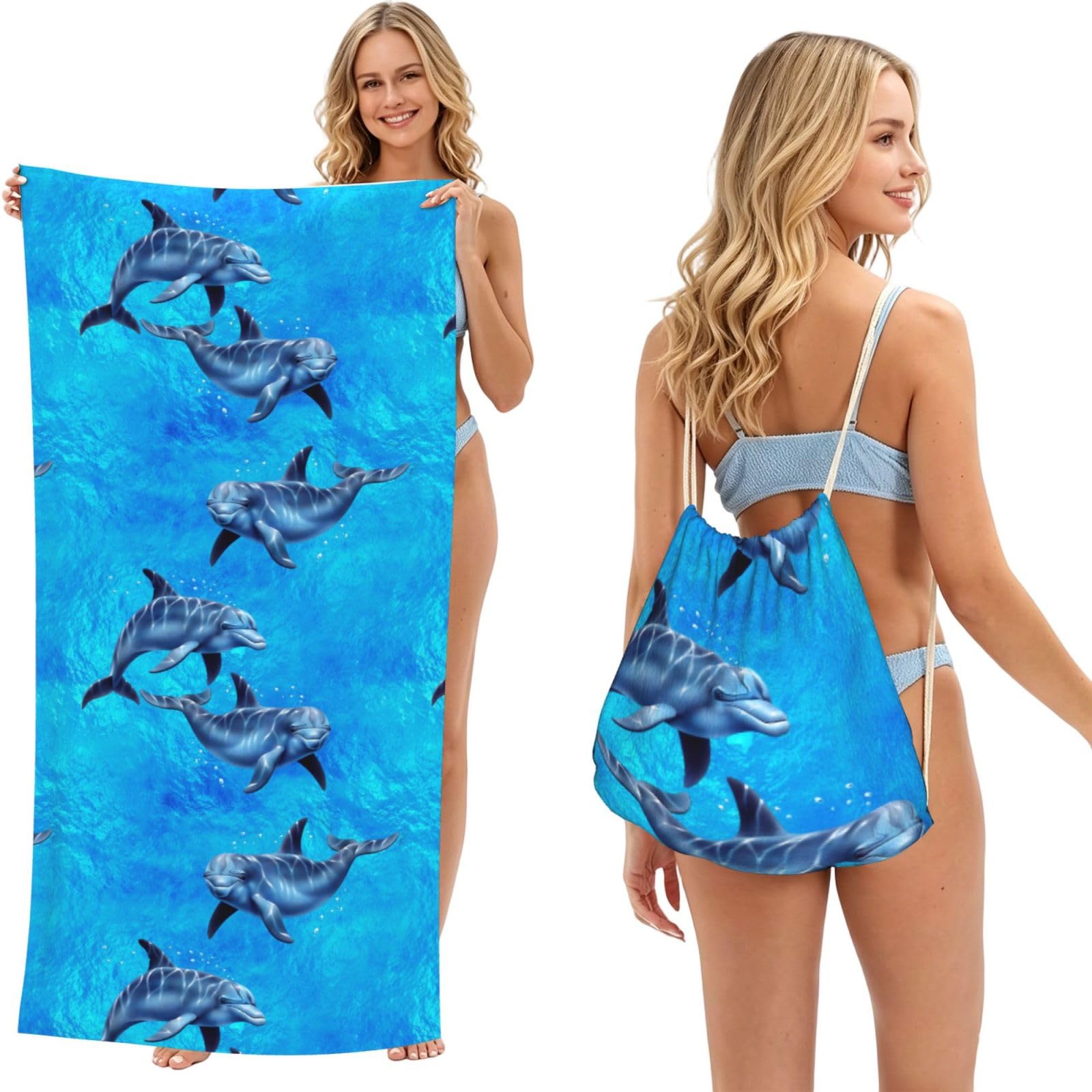 Poadnly As Picture Dolphins, 2 In 1 Packable Towel Bag, Beach Towels With Drawstring Backpack For Travel Holiday Camping