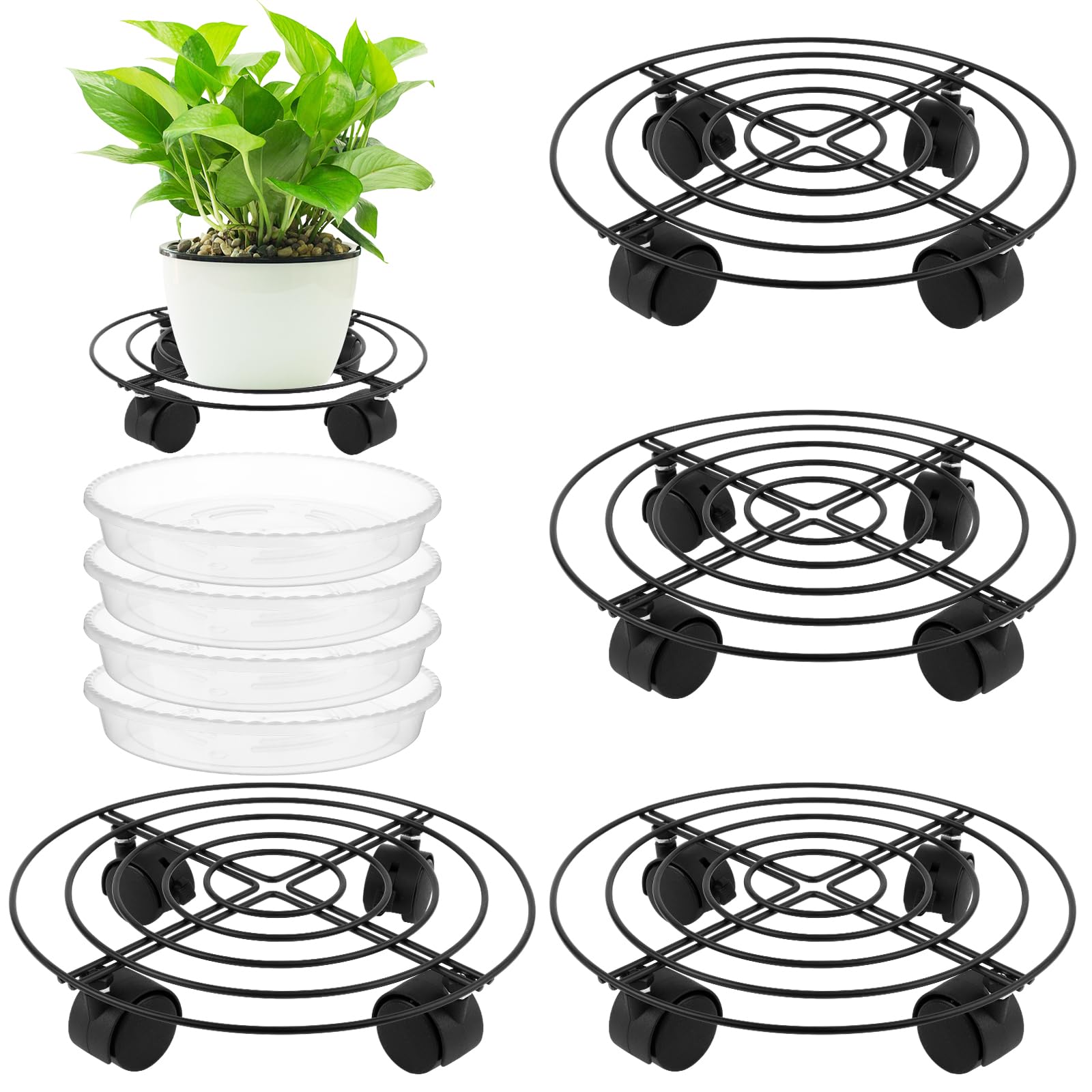 Beautywen 4 Packs Large Metal Plant Caddy 10.6” Plant Dolly with Wheels