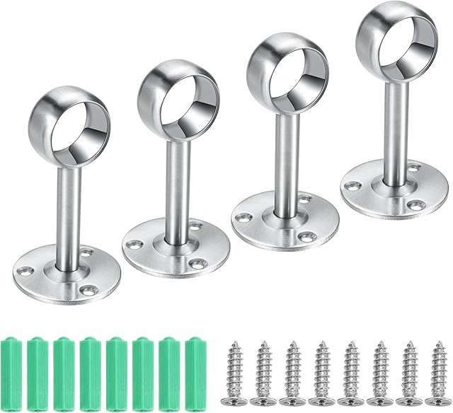 4 Pack Curtain Rod Ceiling Mount Bracket Shower Curtain Rod Holder Stainless Steel Flange Rod Holder Closet Pole End Supports Socket Fit 25mm Rod for Wall Window Bedroom