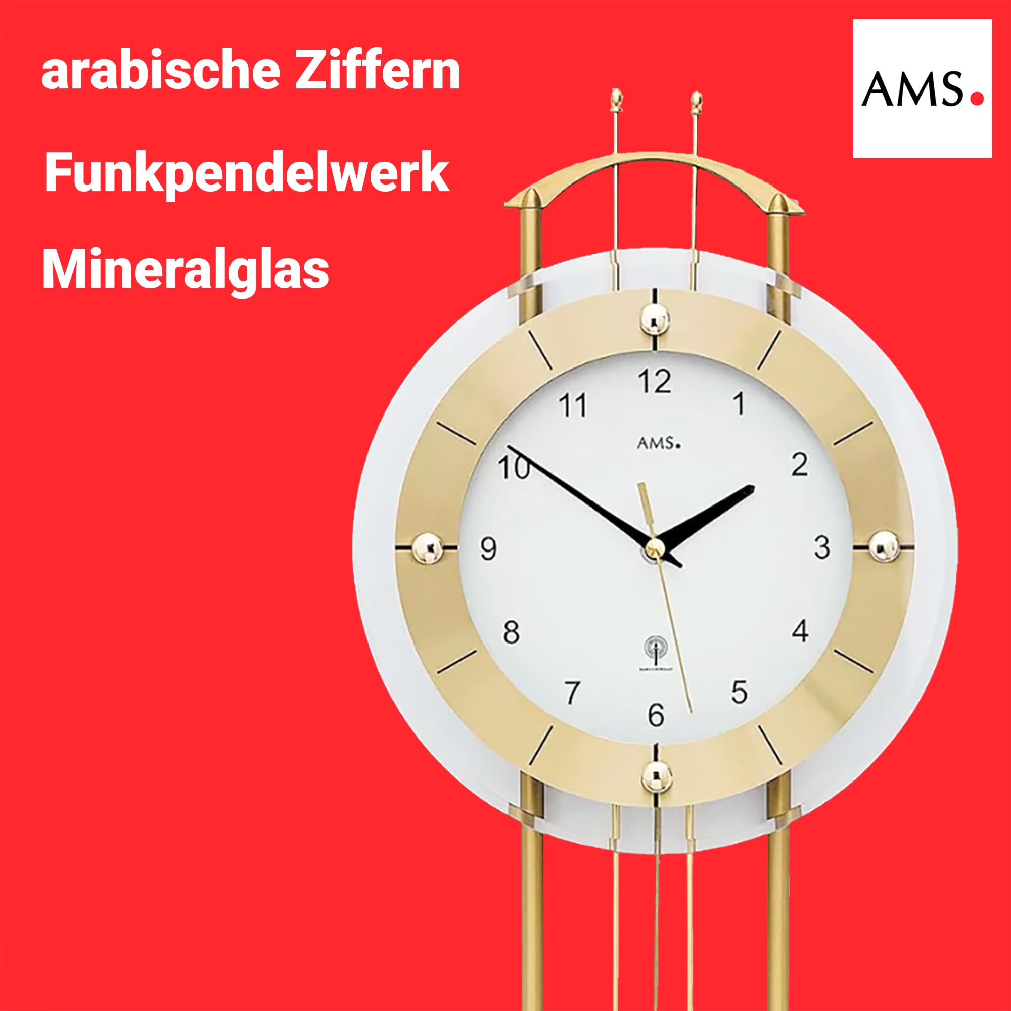 AMS 5257 Wanduhr - mit Funkpendelwerk, Elegante Funkpendeluhr, Uhr mit Pendel, Funkwanduhr mit arabischen Ziffern, Facettiertes Mineralglas, Pendeluhr für Wohnzimmer & Büro, Maße: 68 x 24 x 7 cm