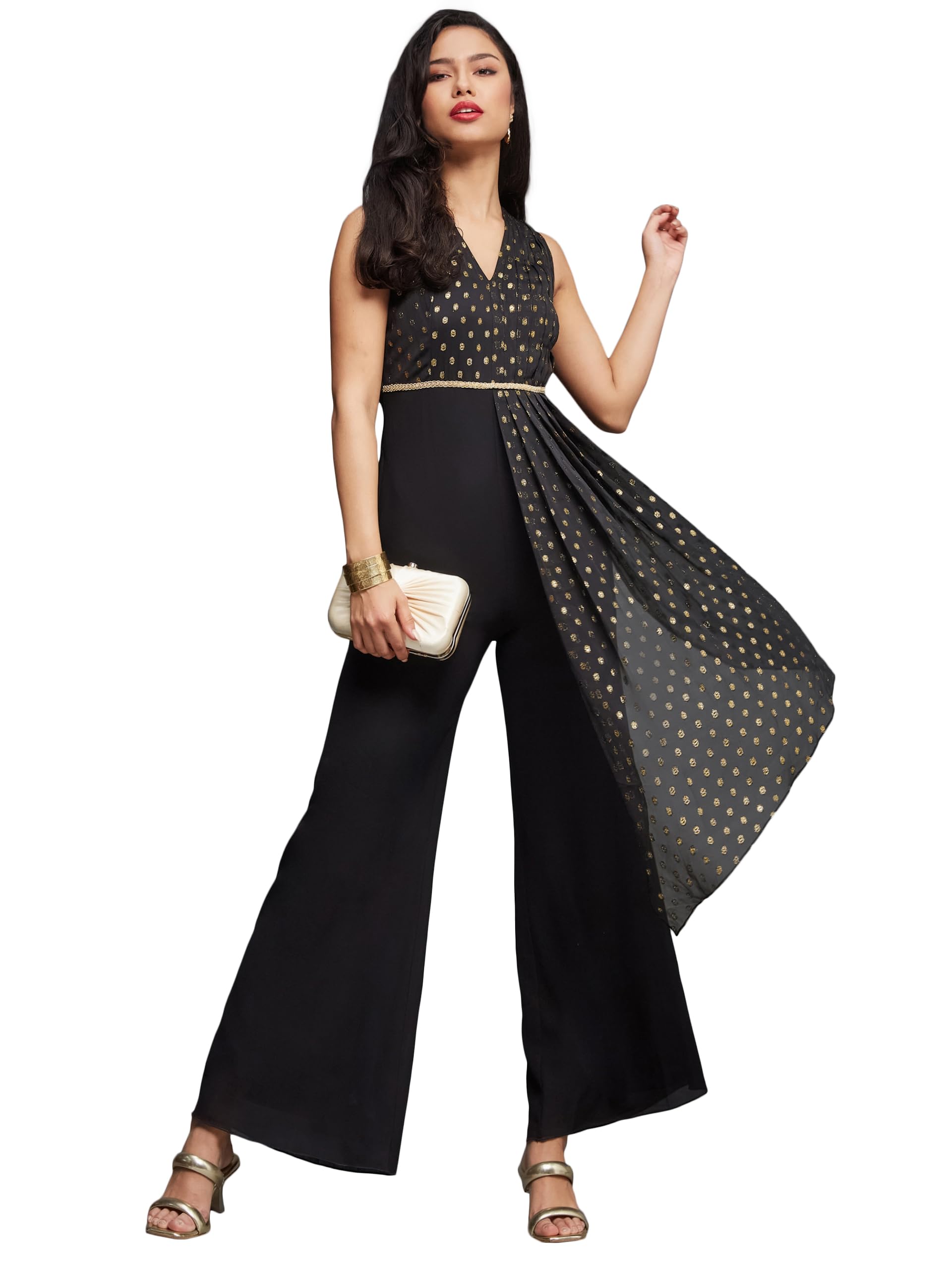 miss chase Women's Self Design V-Neck Sleeveless Polyester Pleated Regular Length Jumpsuit with Pockets-picture-21