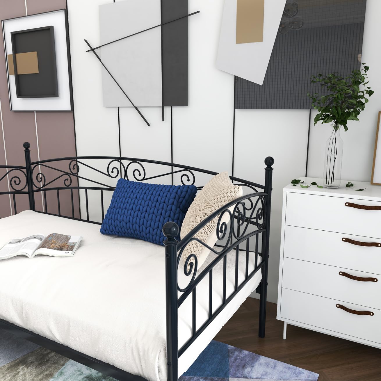 JINS&VICO Daybed Frame with Headboard,Classic Decorative Appearance Twin Size Steel Slat Support Sofa Bed,Mattress Foundation Bed for Living Room Guest Room,Twin,Black