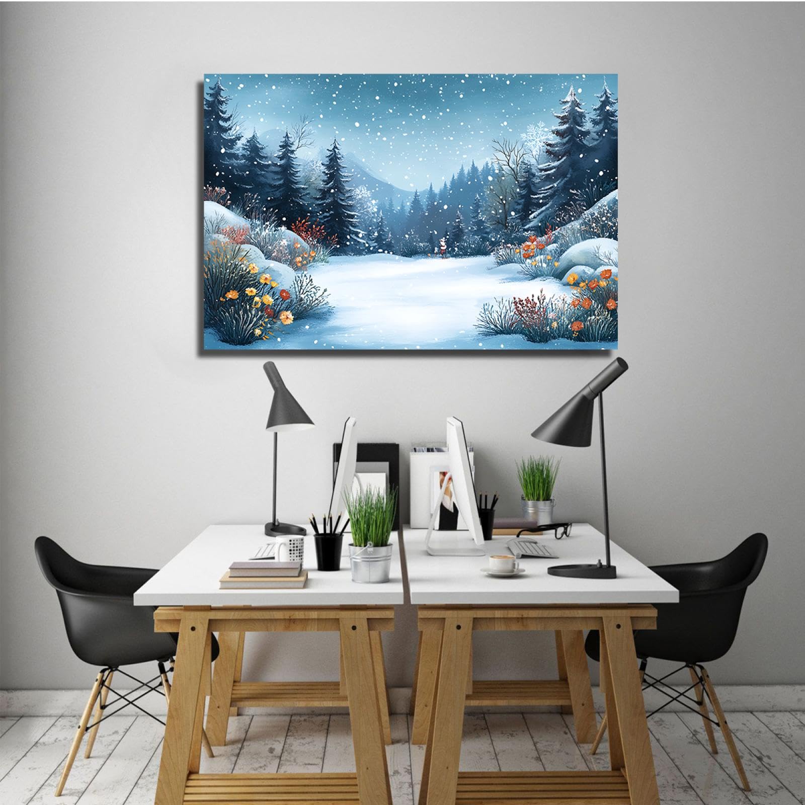 Zimowa kraina czarów płótno sztuka ścienna kwiaty sosna płatki śniegu płótno grafika dekoracja ścienna jadalnia sypialnia salon gotowy do powieszenia 80 x 120 cm rama wewnętrzna