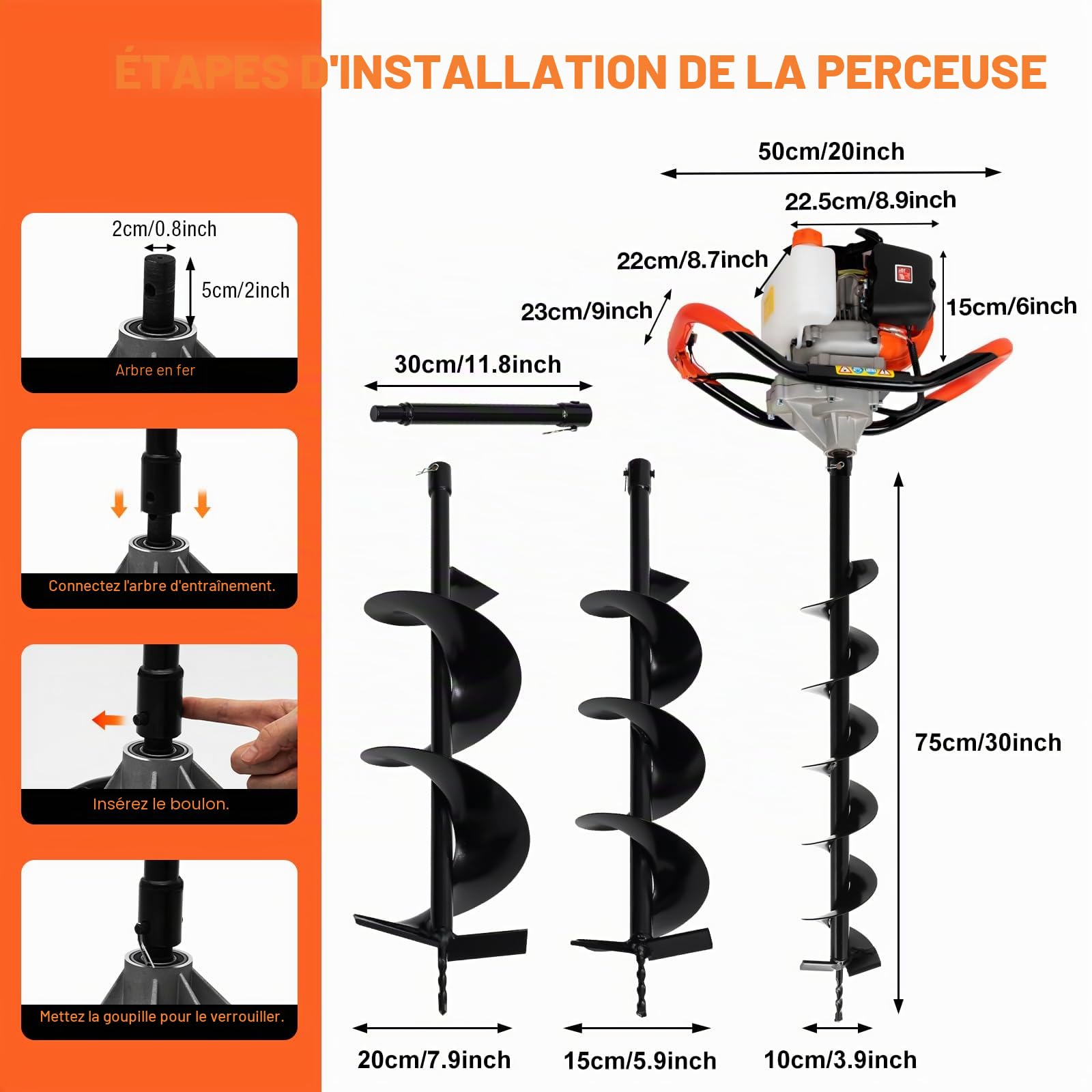 2,3 CV 2 Temps Tarière Thermique 52CC Tarriere à Essence Jardin | avec 3 Forets (10/15/20 cm)+Tige d'extension anti-vibration, Tarière 300 mm pour horticulture, agriculture