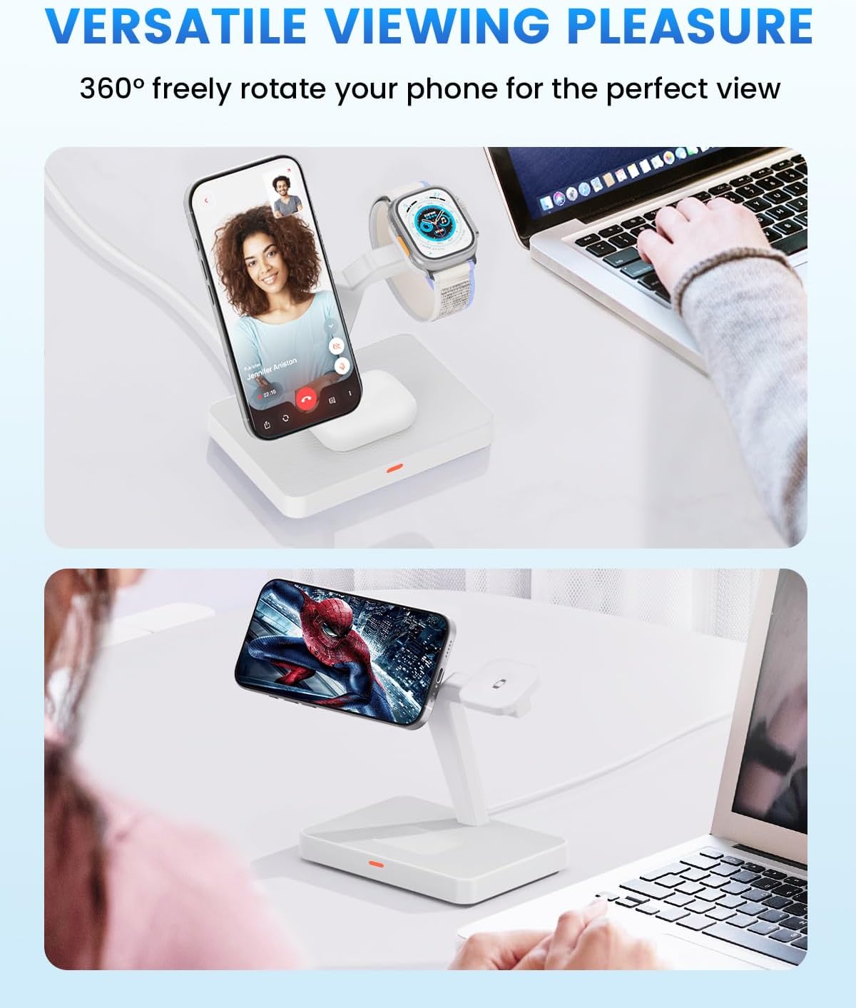 JoyGeek 3-in-1 Magnetic Wireless Charging Station for iPhone 16/15/14/13/12 Series & Apple Watch Ultra 2/SE; 360° Adjustable Phone Stand with 18W Adapter, Compatible with AirPods Pro/3/2 - Image 7