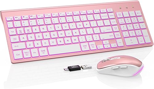 SABLUTE Combo de teclado y mouse inalámbricos retroiluminados, teclado compacto y silencioso con mouse RGB, recargable, delgado, modo de sueño,