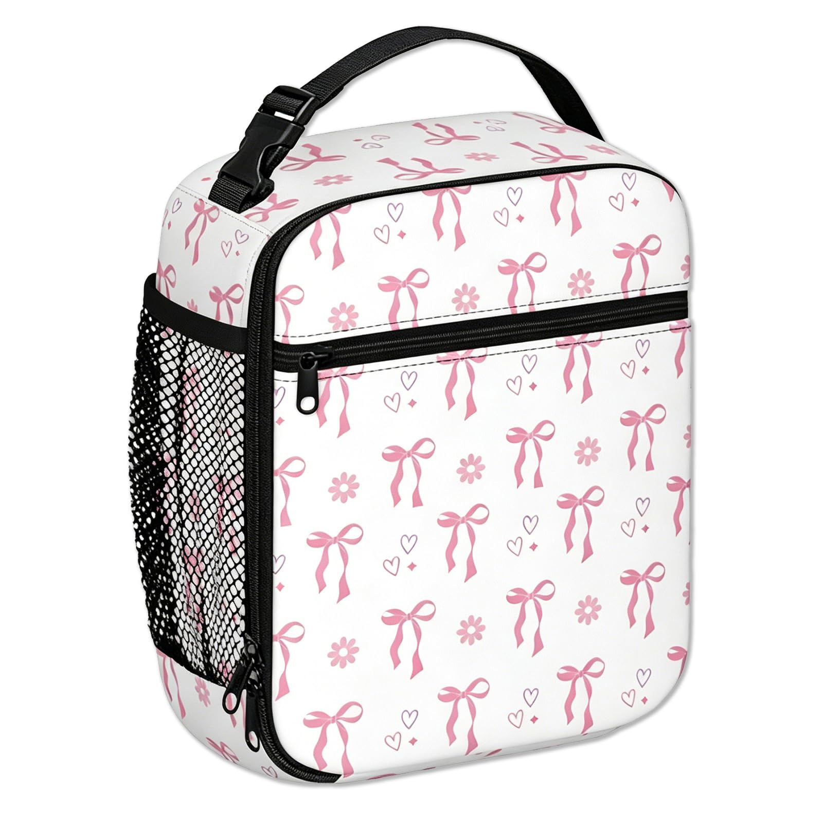 Qubitly Girls Lunch Box with Insulated Lining, Pink Bow Print Kids Lunch Bag for School, Portable Thermal Packed Lunch Cooler Bag for Girls and Teens, 26 x 21 x 11 cm