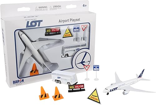 Daron LOT Polish Airlines Airport Playset  Avión de juguete de metal fundido a presión con accesorios  Set de juego de aerolínea con licencia
