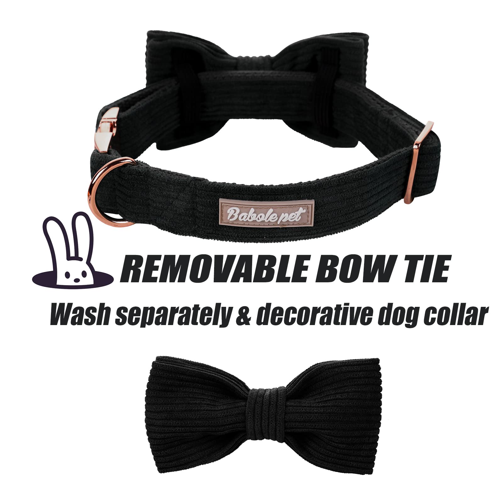 Premium Hundehalsband mit Fliege, doppellagiges Cord-Hundehalsband mit Sicherheits-Metallschnalle, verstellbar, breit, große Halsbänder für kleine,61 cm, Schwarz