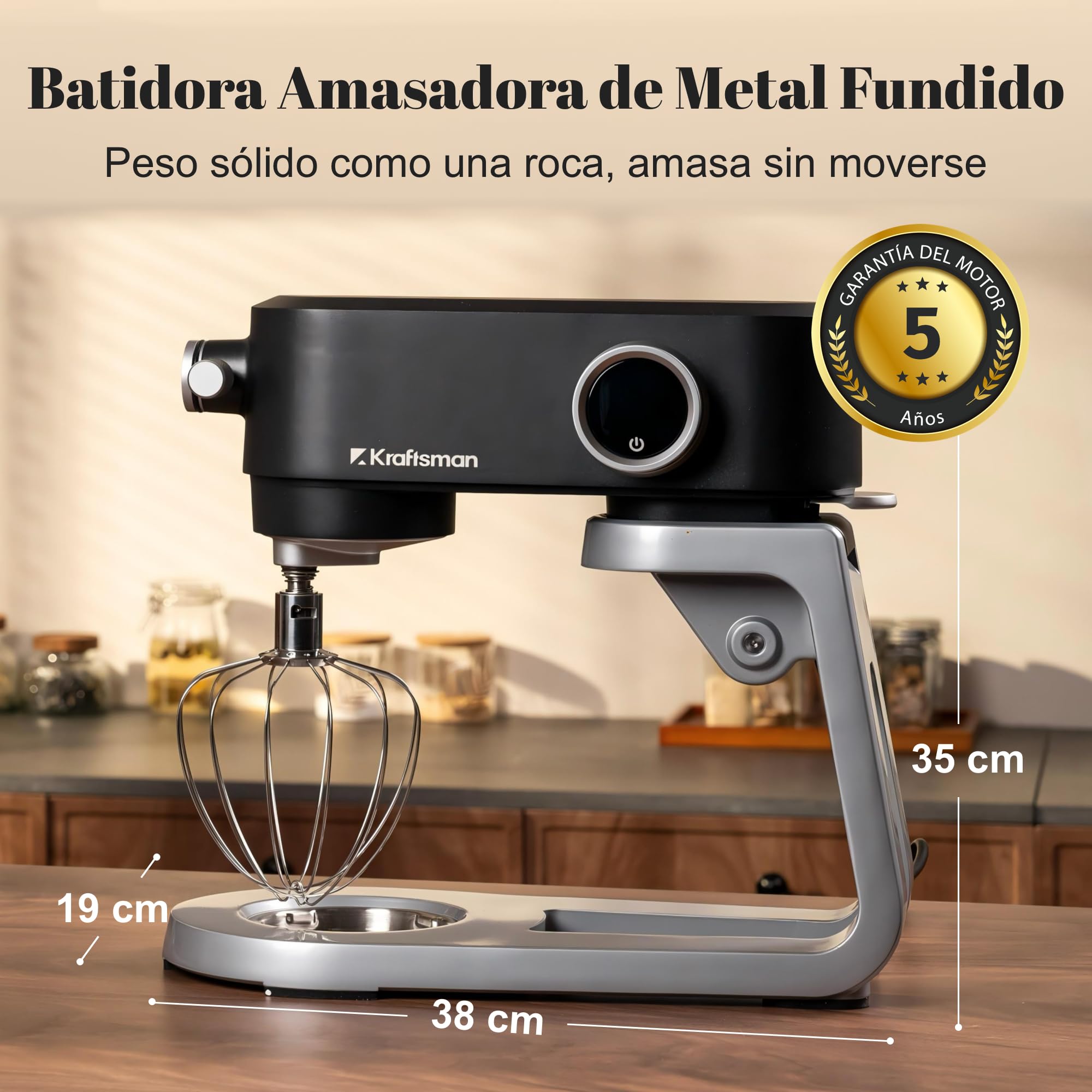 Robot de cocina, amasadora para masa de pan, carcasa de metal, 8 niveles con temporizador, cuenco de 5 L, 4 cabezales de acero inoxidable (Negro)