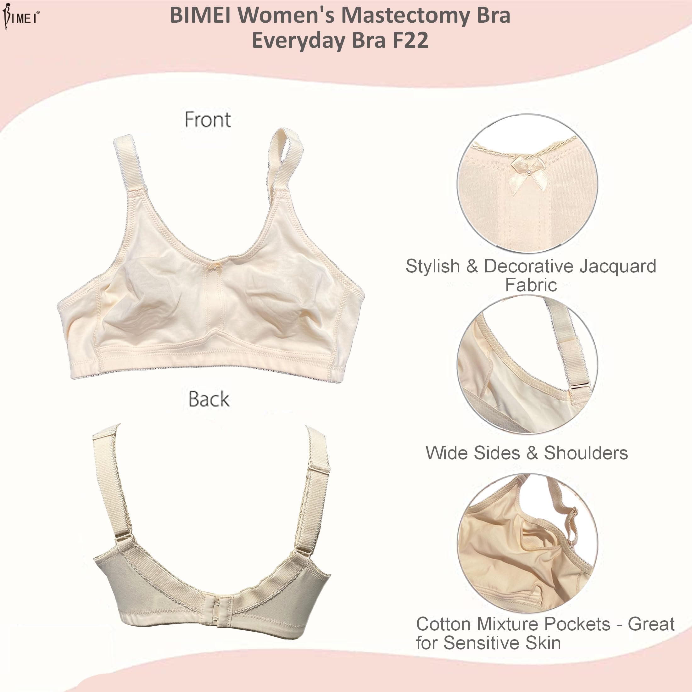 BIMEI Reggiseno per mastectomia con tasche per protesi mammaria senza ferretto reggiseno per tutti i giorni taglie forti - F22