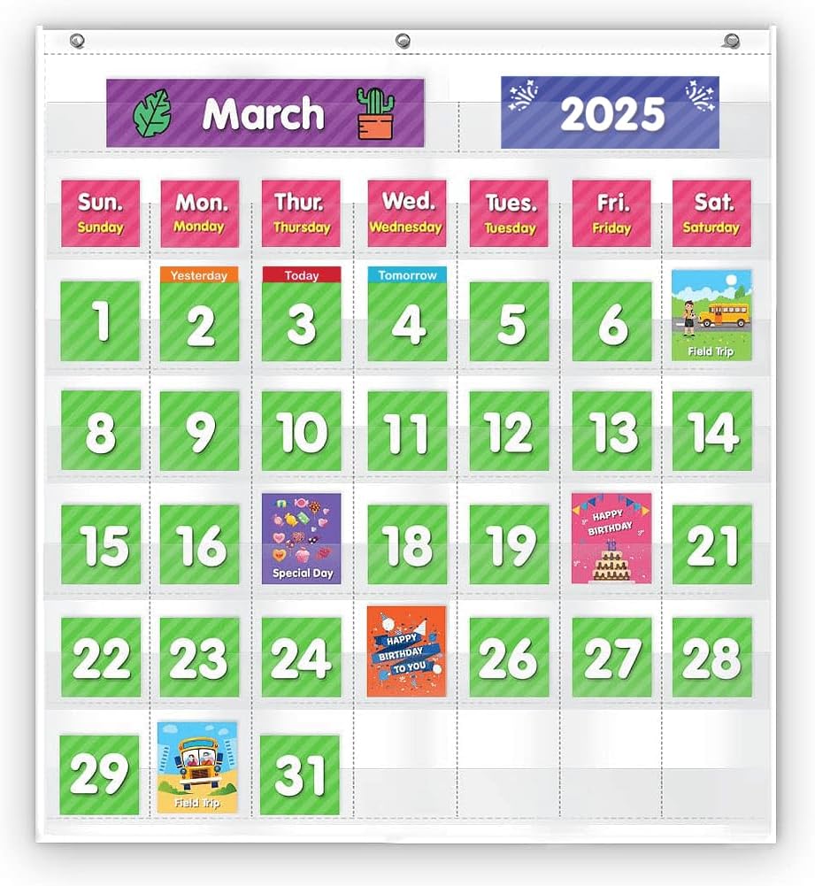 Eamay Classroom Monthly Calendar Pocket Chart with 71 Cards for Kids Learning for Home,White