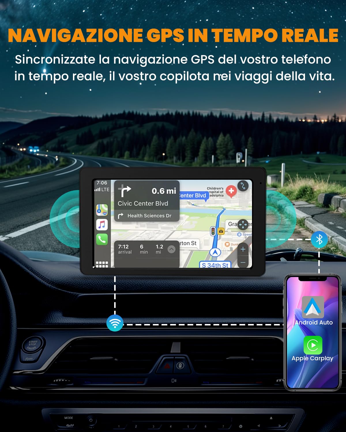 Carplay Auto, 7" Android Auto Wireless, Autoradio Bluetooth con Schermo con Navigazione GPS, Bluetooth 5.2, Controllo Vocale a Mani Libere, Mirror Link, Facile Installazione