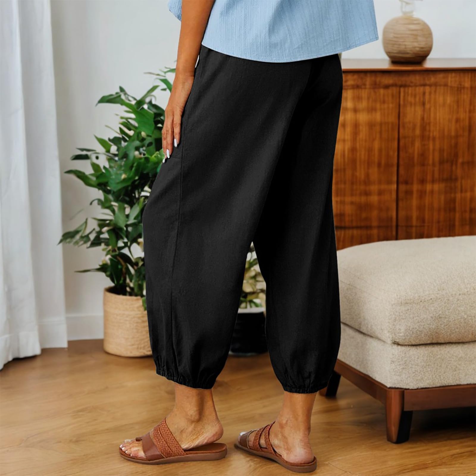 Pantalones Mujer Verano 7/8 Algodón Harem Cintura Elástica Ligeros Playa