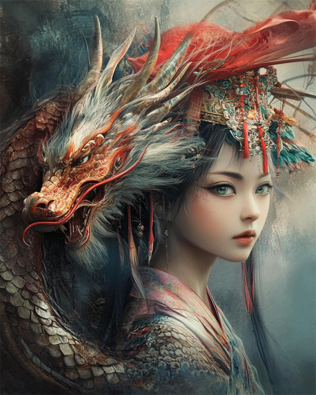 RKFLGEW Animal 14CT Cross-Stitch Counted Kits Anime Dragon and Woman Counted Fabric Cross Stitching DIY Art Needlecrafts Embroidery Kits with Scissors Accessories 40x50cm