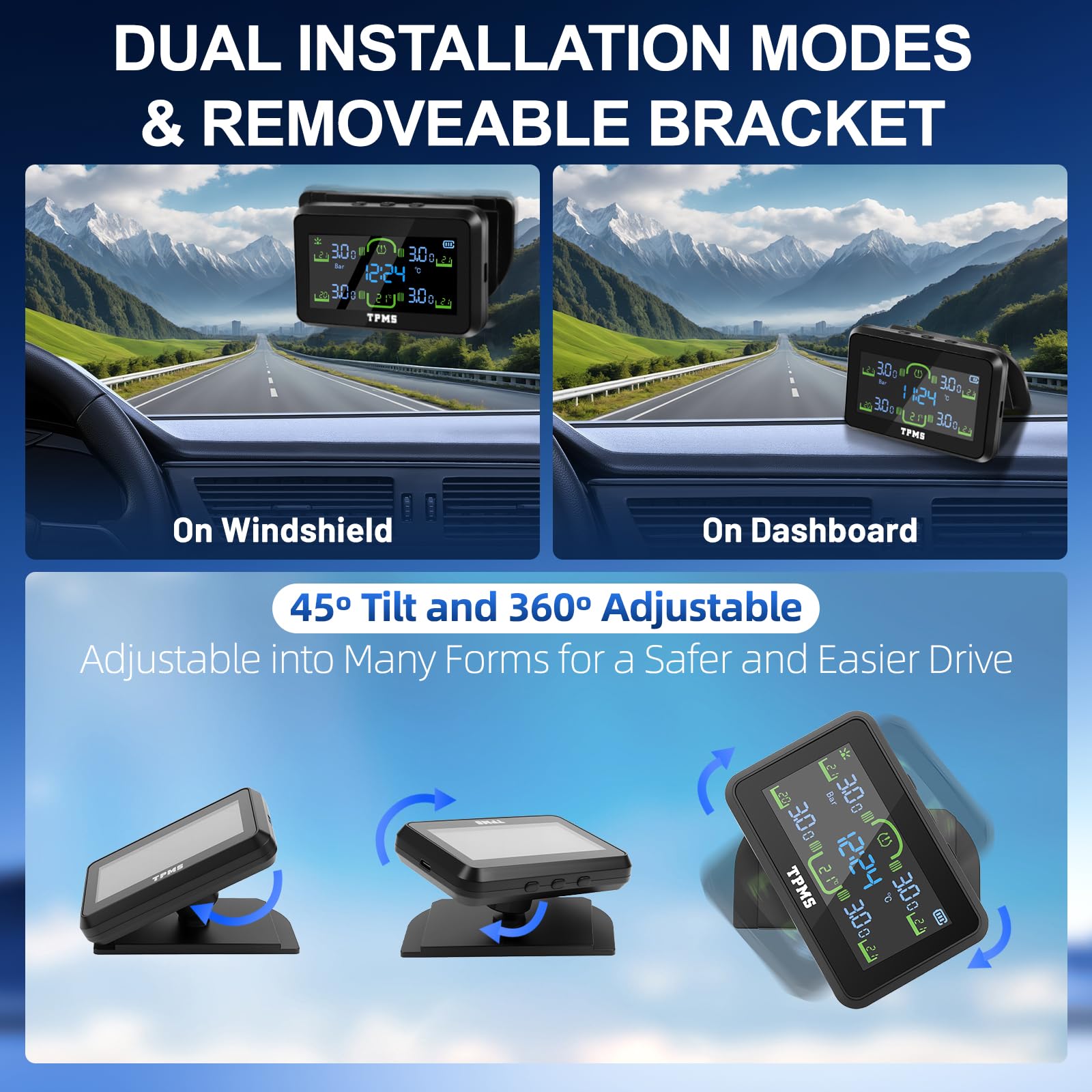 Sistema Sensori di Monitoraggio della Pressione con Indicatore dell'Ora | TPMS Auto con Ricarica Solare/USB, Sistema Sensori di Monitoraggio della Pressione degli Pneumatici con 4 Sensori Esterni